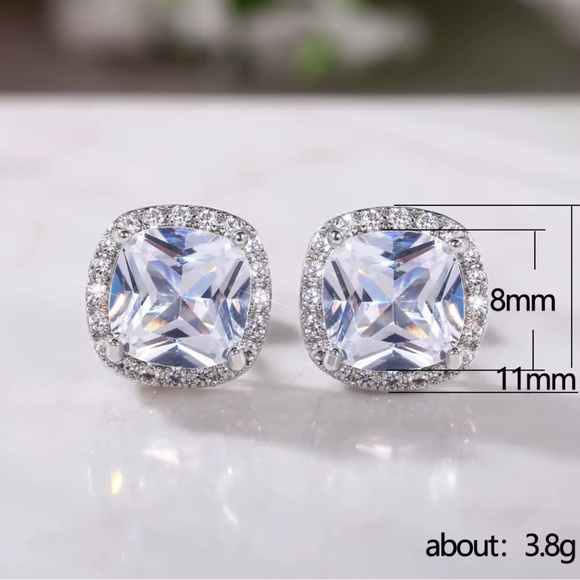 Diamond Cubic Zirconia Silver Square Stud Earrings - Picture 7 of 10